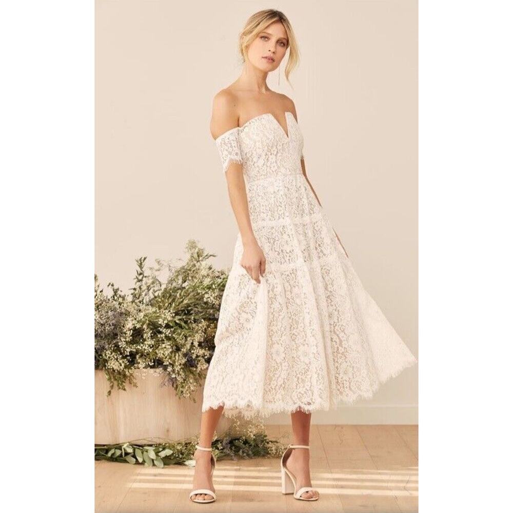 NWT Lulu's Size XS Midi Dress Nude Lining Tiered Floral Lace Off Shoulder Prom - Picture 1 of 13